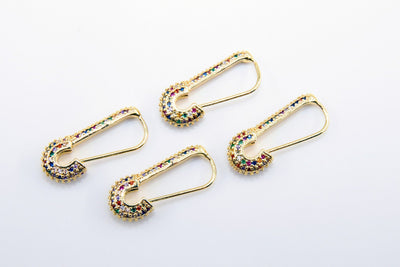 CZ Micro Pave Safety Pin Earrings Gold Rainbow Hook, Huggie Hoops Stud Earrings Wire Hooks - A Girls Gems