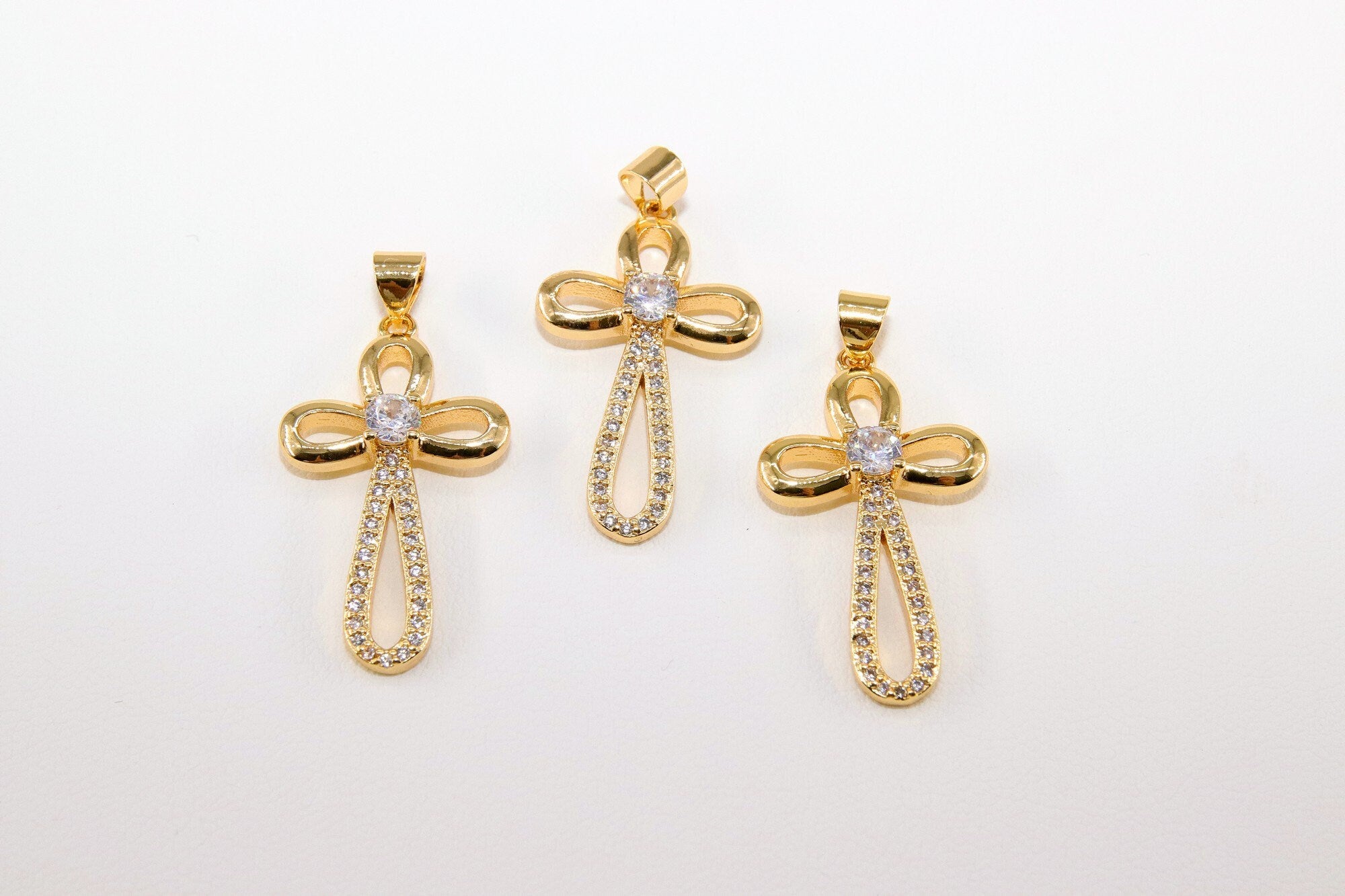 CZ Pave Gold Cross Charms, Gold Religious Pendants for Necklace or Huggie Hoop Earrings Set #704, Rosary Chain Charm