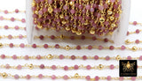 22 k Gold Natural Pink Tourmaline Rosary Chain, Unfinished 4 mm Gold Pyrite Beaded Wire CH #449 Wrapped Fuchsia Diamond Cut Gemstone Beads