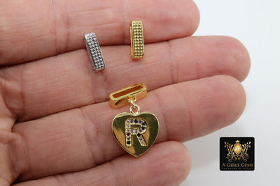 CZ Micro Pave Slider Bar Beads, Gold, Silver Charms Slide, Personalized Charms Bracelet, 10 mm Flat Leather or Metal Watch Straps Jewelry