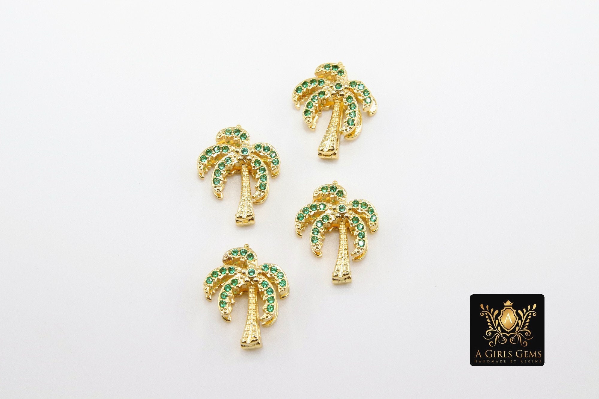 CZ Micro Pave Palm Coconut Tree Slider Charms, Gold Tropical Charms, Beach Ocean Charm Bracelet, 10 mm Flat Leather Color Straps Jewelry - A Girls Gems