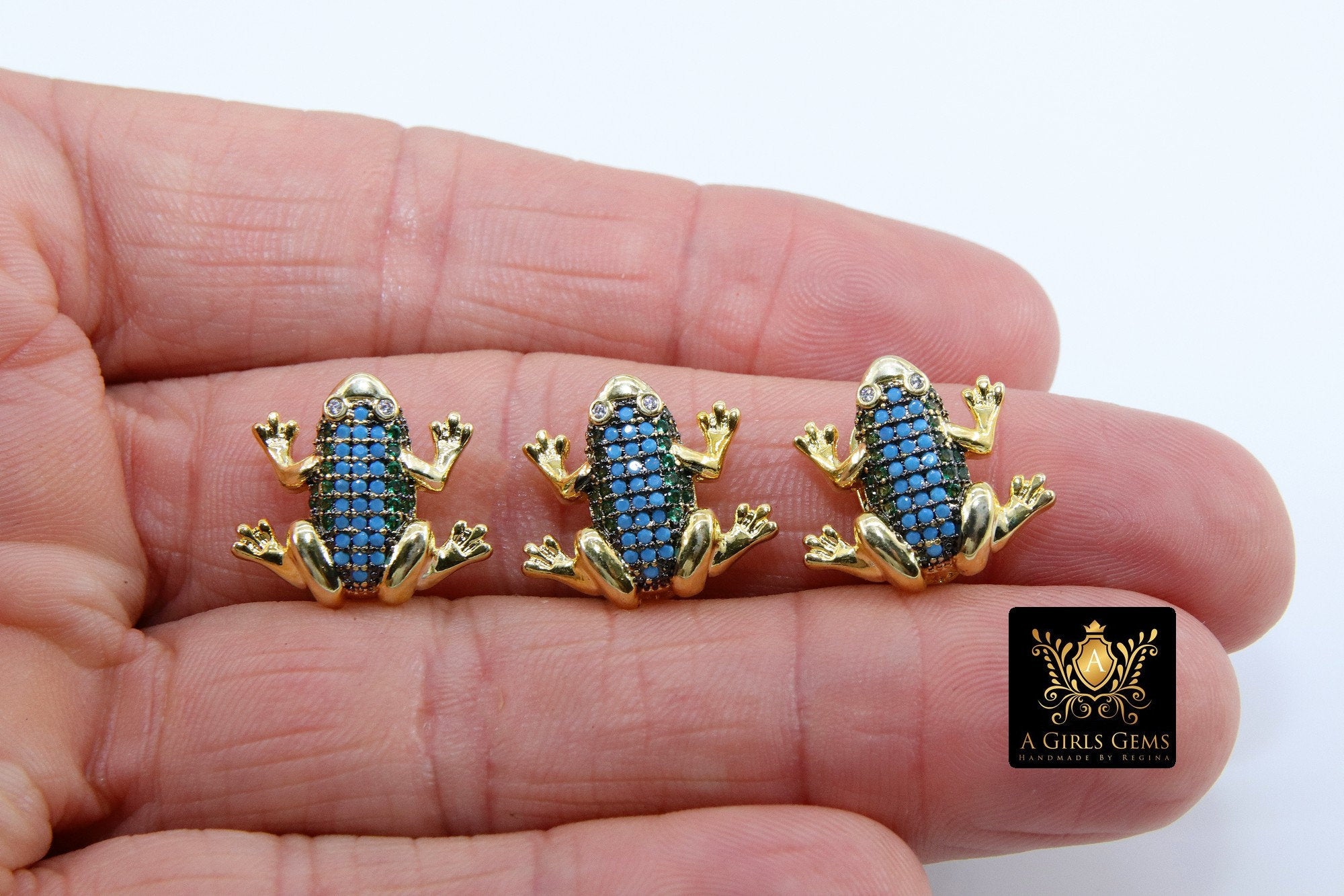 CZ Micro Pave Frog Slider Charms, Gold 3D Colorful Amphibian Blue, Green CZ Pendant Toad Bracelet, Flat Leather or Colorful Straps Jewelry - A Girls Gems