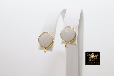 Gold Plated 925 Sterling Silver Stud Gemstone Earrings with Loops, 12 x 15 mm Rose Quartz Round Diamond Jewelry Findings - A Girls Gems