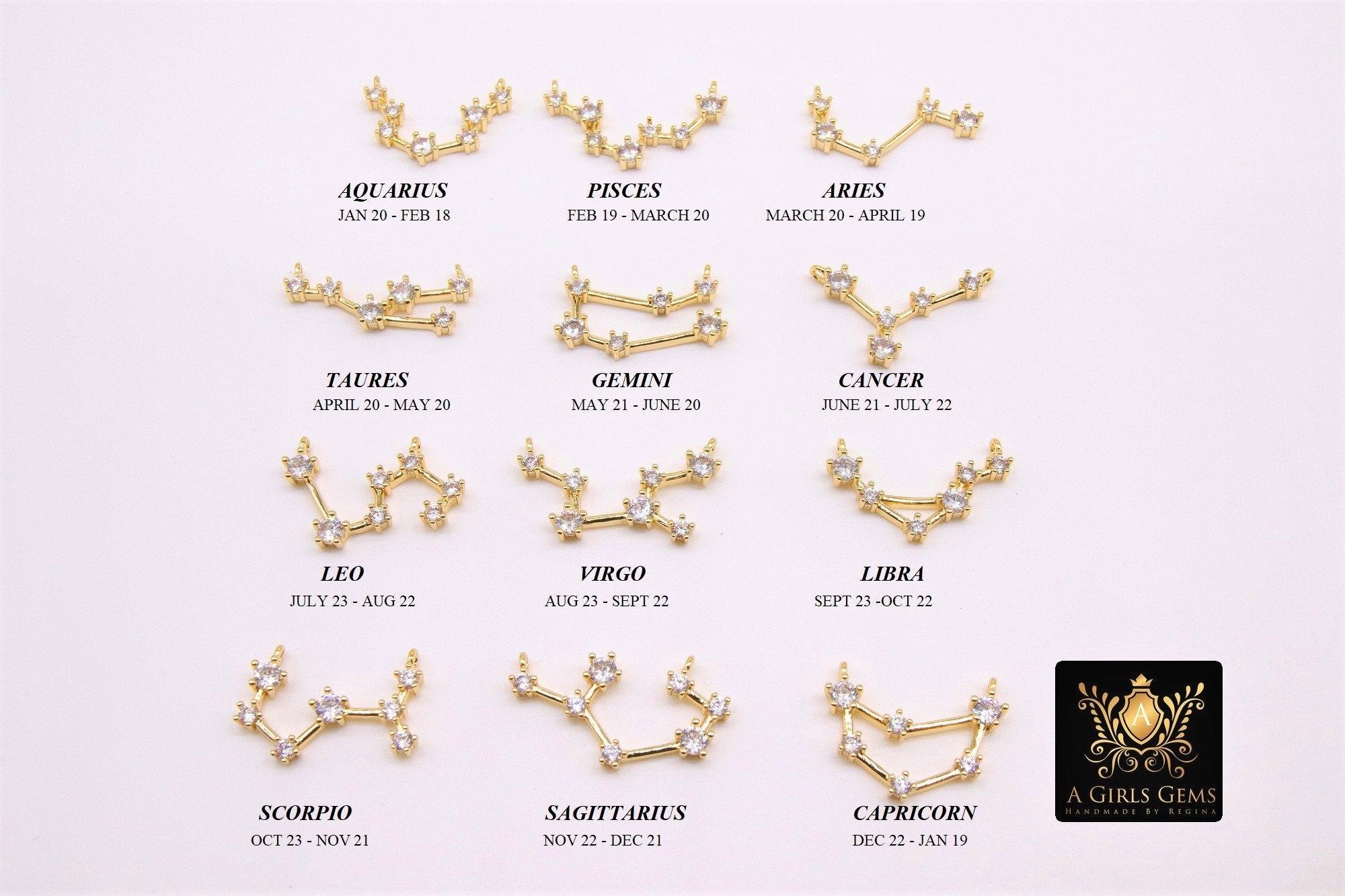 Aries Horoscope Necklace, 14 k Gold Zodiac Sign Constellation Choker, Clear, Multi Color CZ Diamonds - A Girls Gems