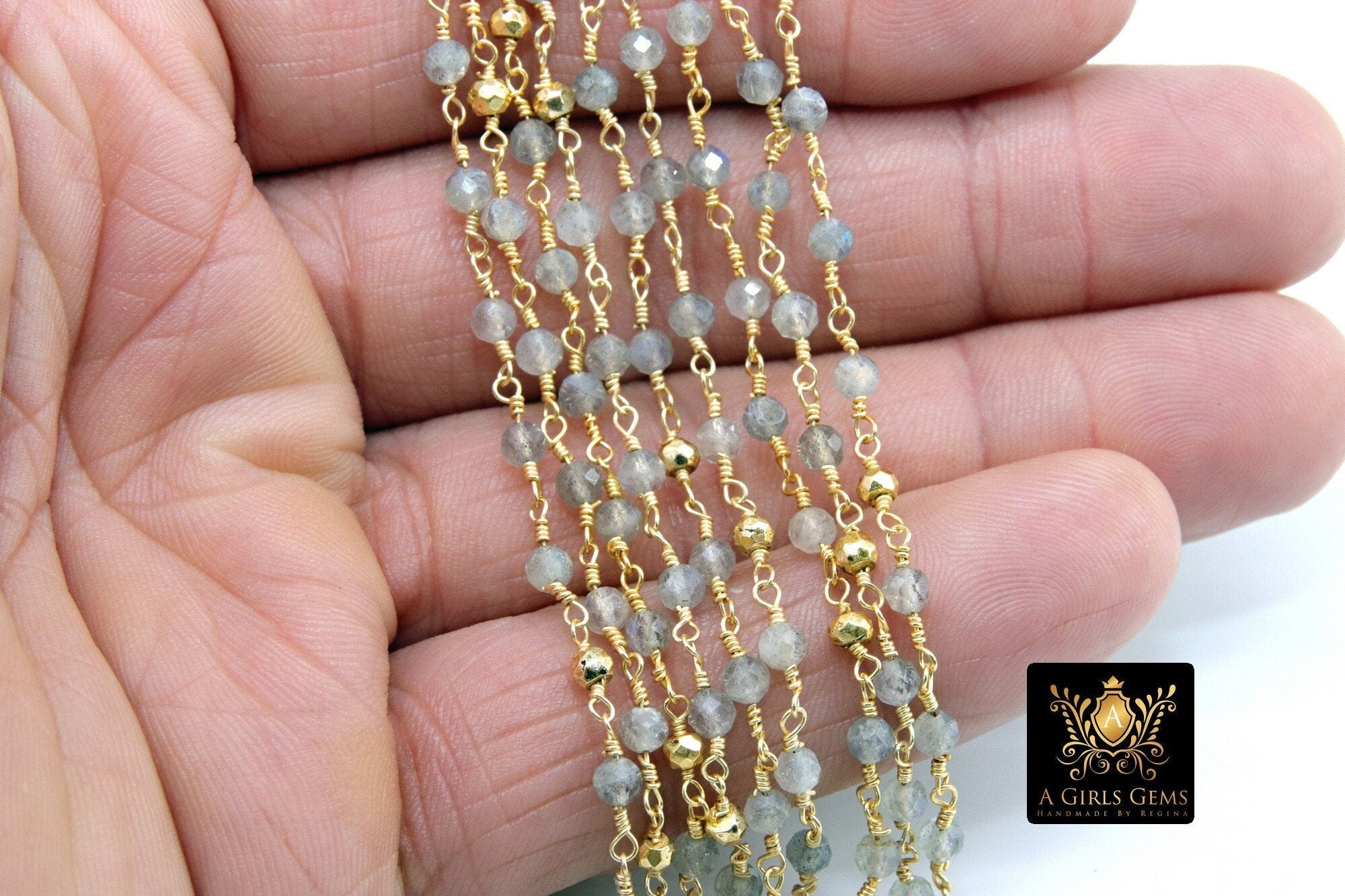 22k Gold Plated Real Labradorite Gemstone Rosary, Gold Pyrite Diamond Cut 4 mm Unfinished Jewelry Chain
