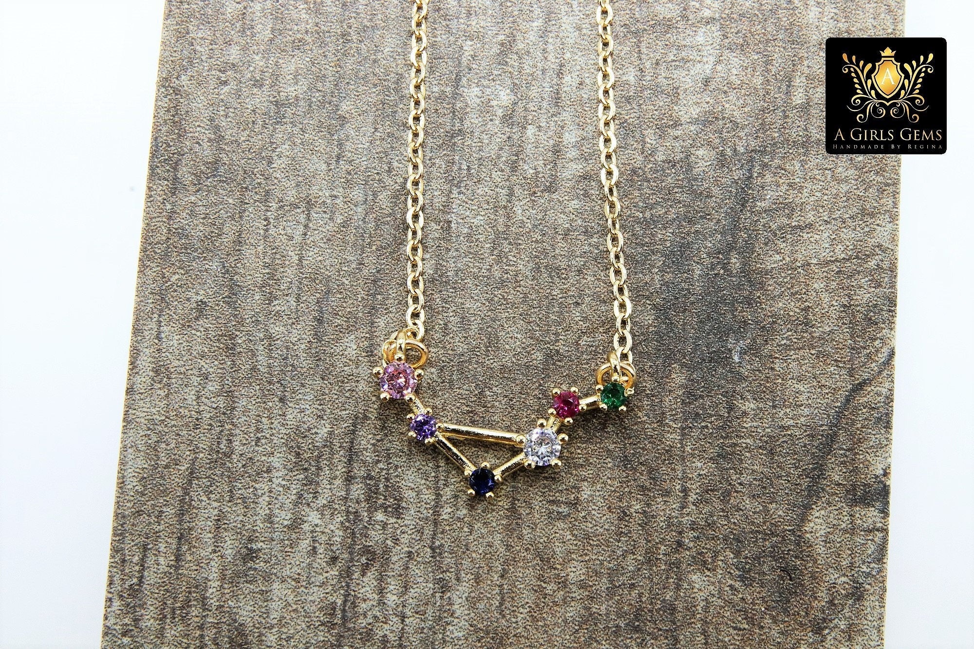 Libra Zodiac Necklace, Gold Filled Rainbow Horoscope Star Sign Constellation Choker - A Girls Gems