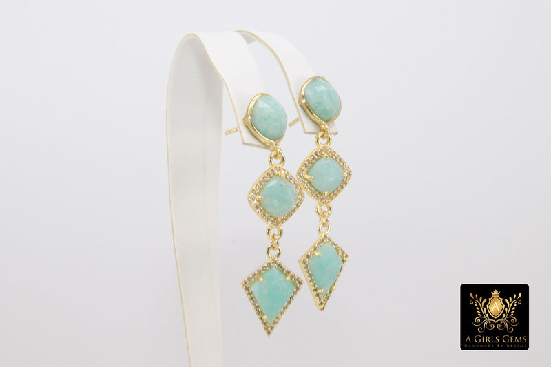 Amazonite Stud Earrings, Raw Turquoise Studs, Formal Jade Stone Stud Earrings, Mint Blue Dangle Gemstones, Gold, 925 Jewelry - A Girls Gems