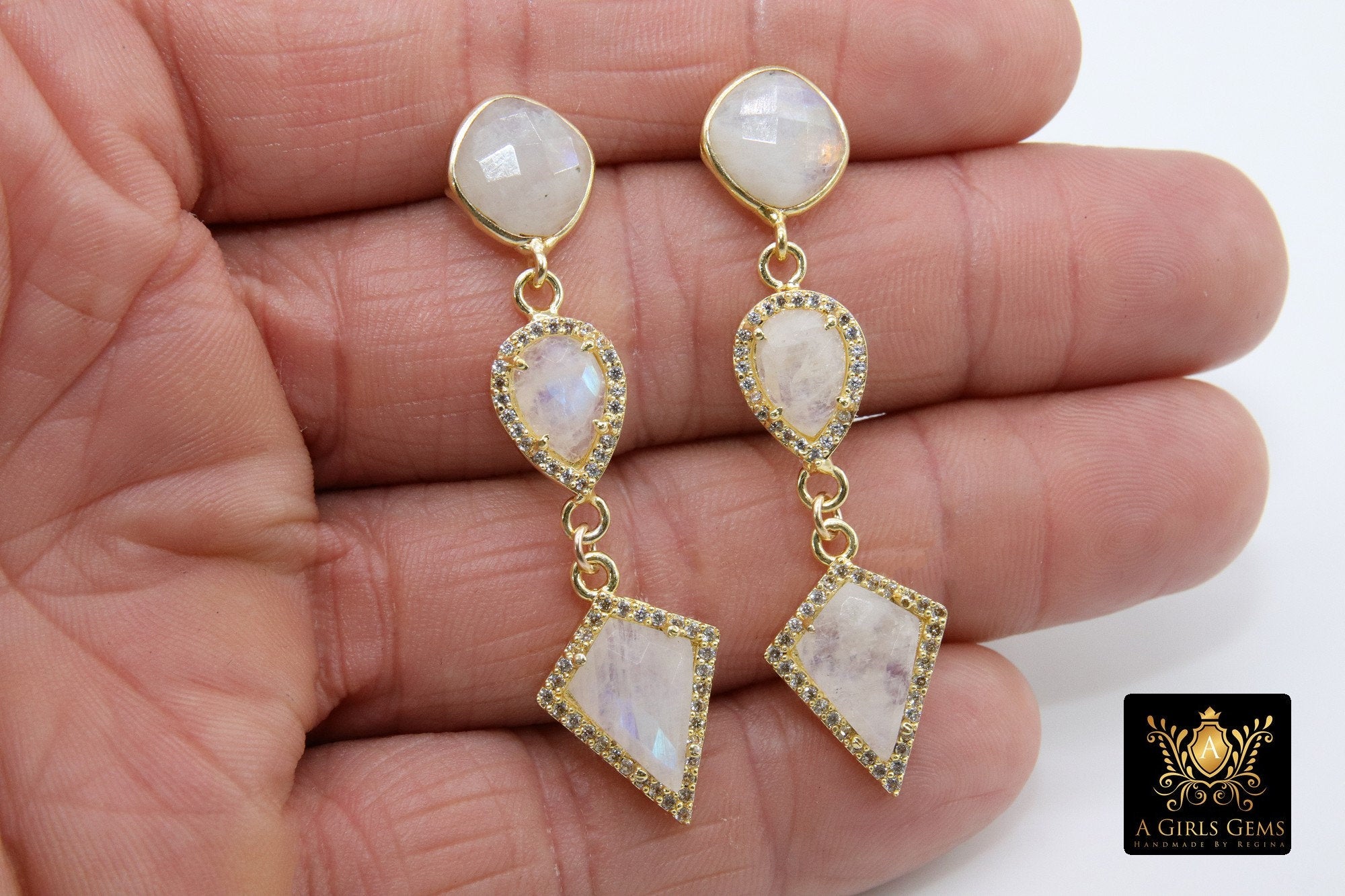 Rose Quartz Earrings, Elegant Formal Drop Earrings, CZ Long Gemstone Dangle Studs, Gold, 925 Pink Opal Jewelry - A Girls Gems
