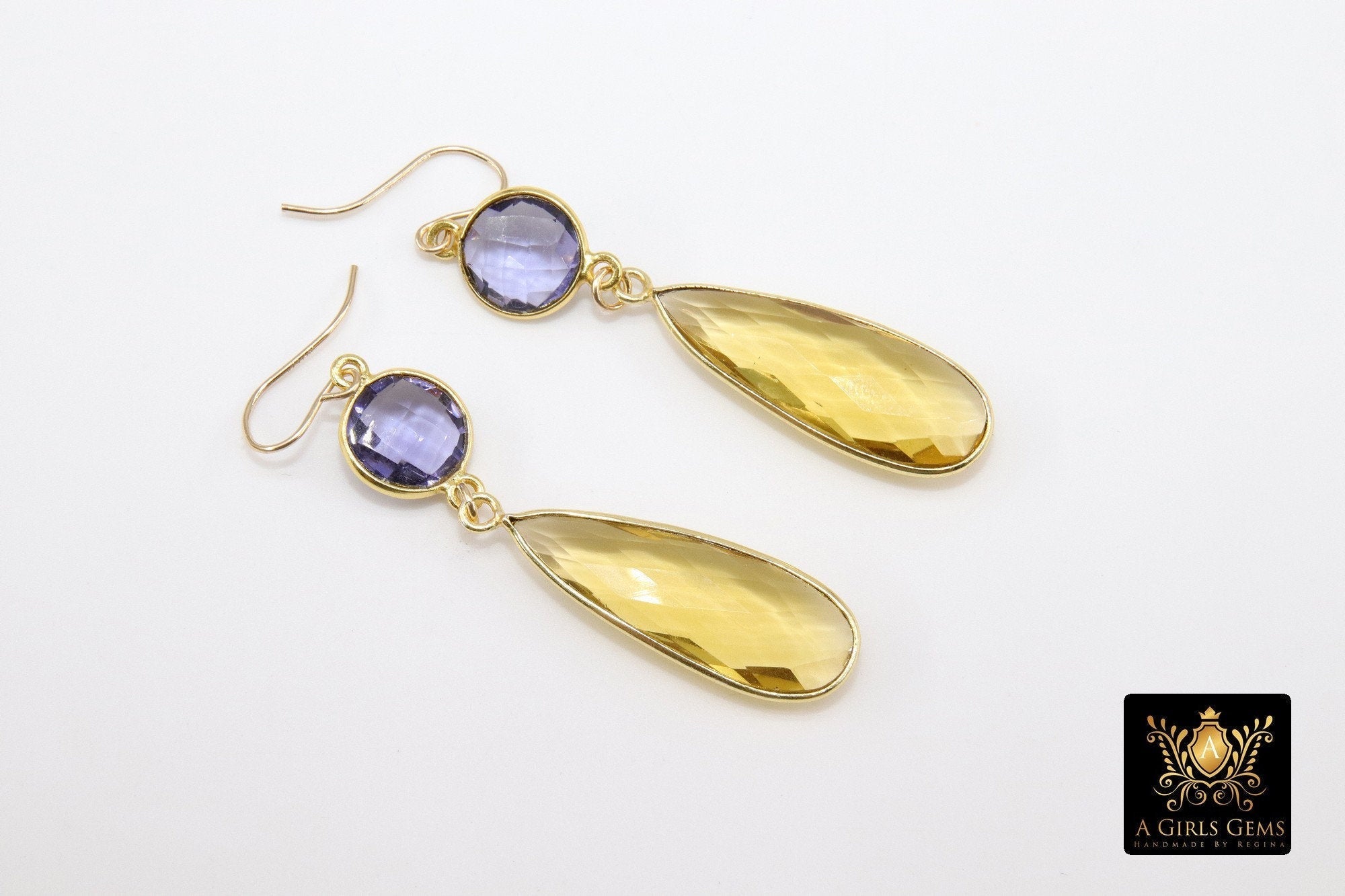 14 K Gold Moonstone Earrings, Sapphire Gemstones, September Birthstone Dangle - A Girls Gems