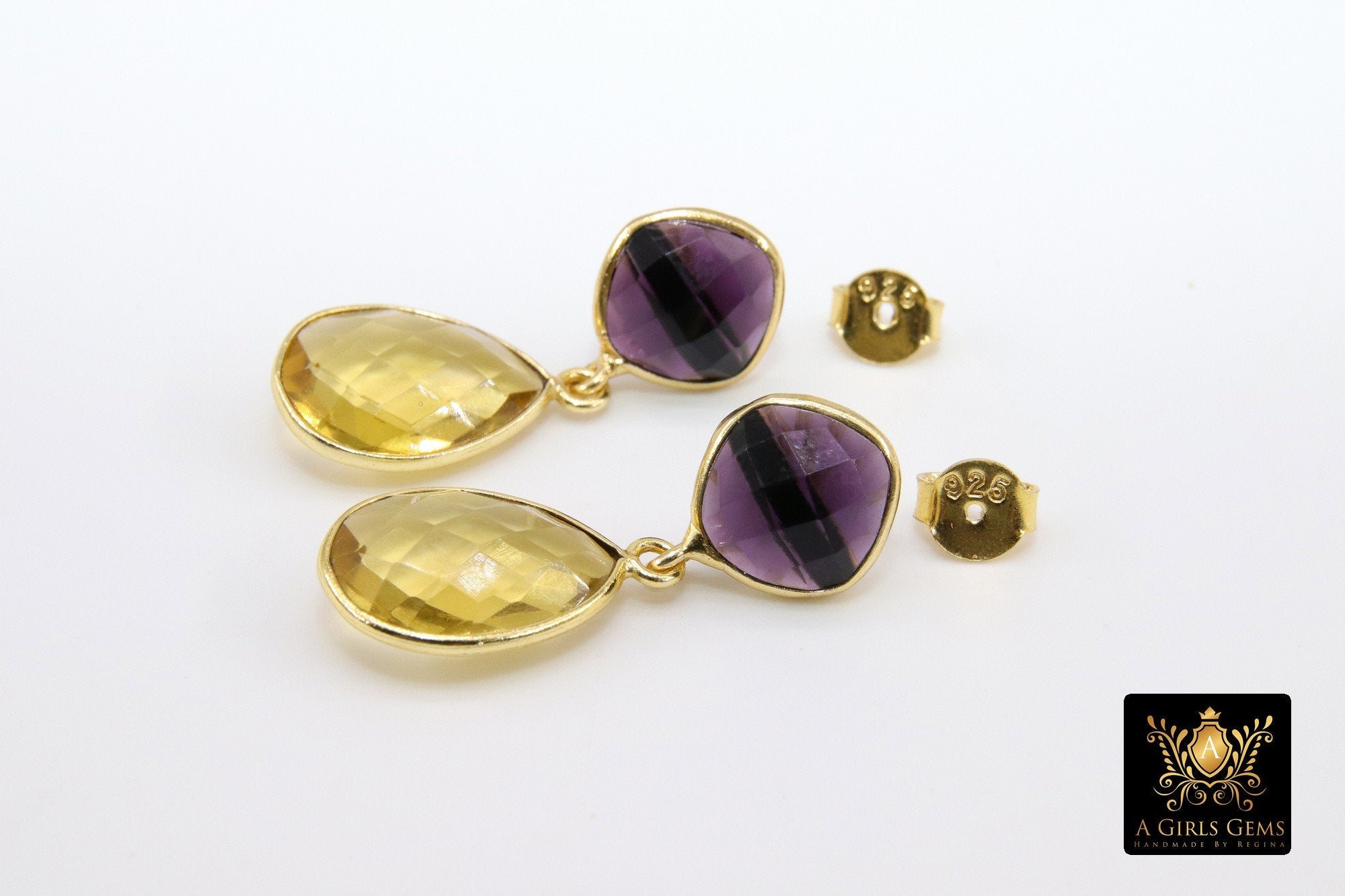 Amethyst and Citrine Earrings, Long Iolite Gemstone Teardrop Studs, Gold, 925 Drop Earrings, LSU Purple and Gold Jewelry - A Girls Gems