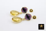 Amethyst and Citrine Earrings, Long Iolite Gemstone Teardrop Studs, Gold, 925 Drop Earrings, LSU Purple and Gold Jewelry