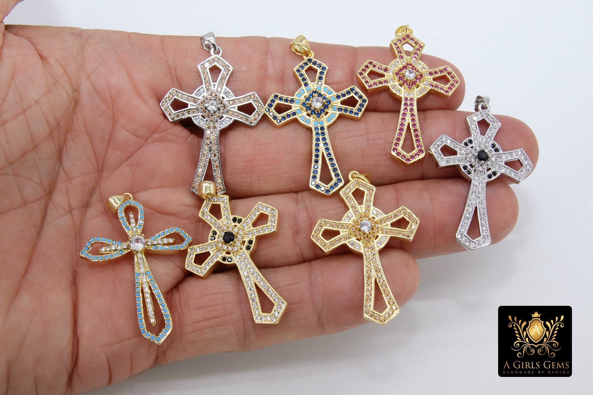 Large CZ Cross Pendant, CZ Micro Paved Silver, Gold Colorful Coptic Cross for Necklaces, Southwestern, Boho Style #449