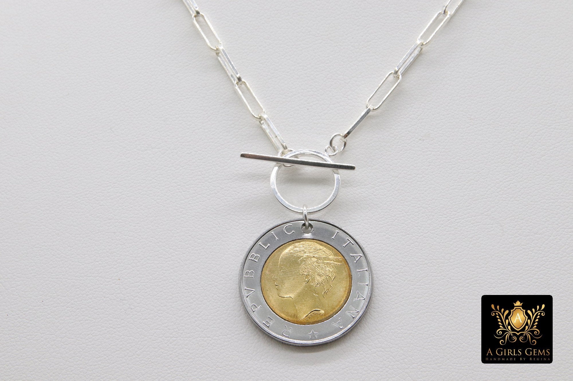 Silver Coin Necklace, 925 Sterling Silver 11 mm Chain, Toggle Wrap Necklace - A Girls Gems