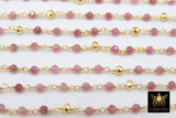 22 k Gold Natural Pink Tourmaline Rosary Chain, Unfinished 4 mm Gold Pyrite Beaded Wire CH #449 Wrapped Fuchsia Diamond Cut Gemstone Beads