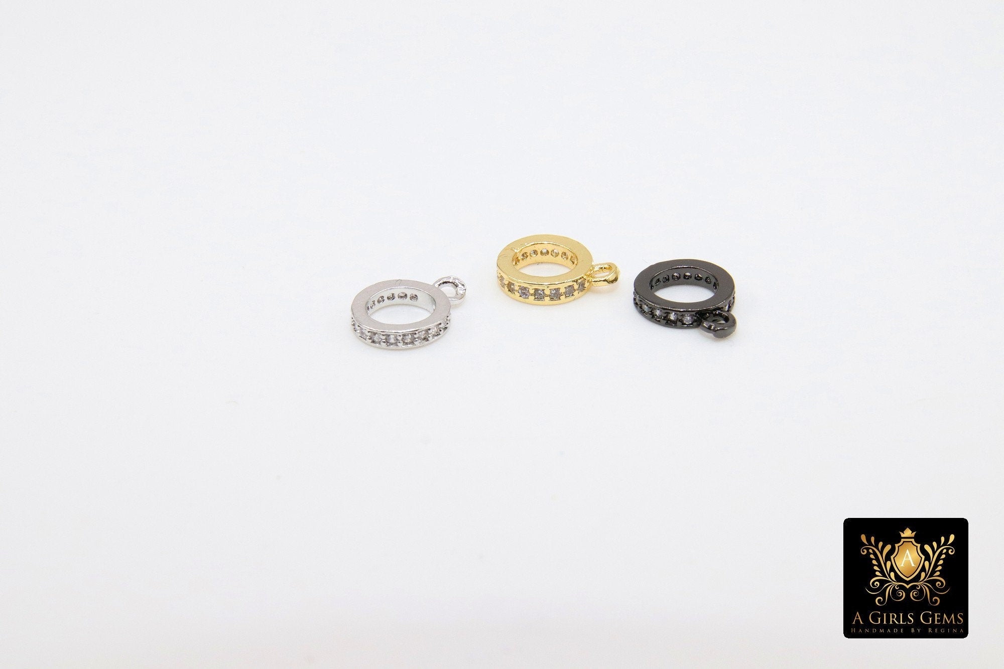 Micro Pave CZ Charm Holder Connector Rings, AG 77, Large Hole 1 Row CZS Slide Spacer Big Circle Beads