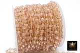 Pink Crystal Rosary Chain, 6 mm Unfinished Bead Chains CH #333, Gold Wire Wrapped Chain