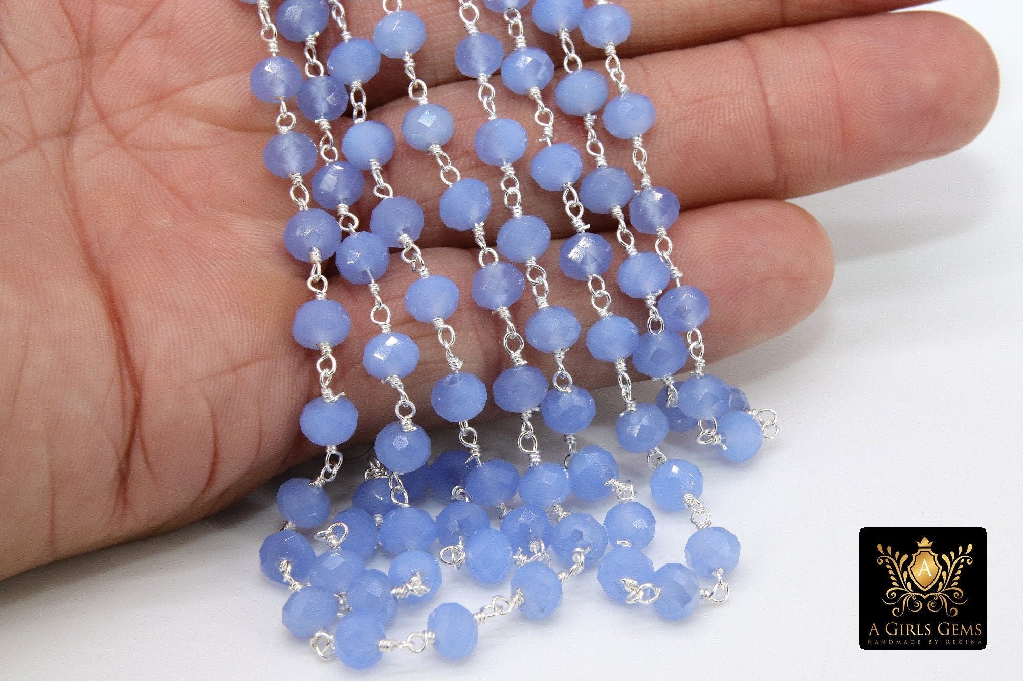 Baby Blue Chalcedony AB Rosary Chain, 6 mm Gold Wire Wrapped Crystal Jewelry Beads CH #513, Unfinished Bulk Wholesale Powder Blue Bead