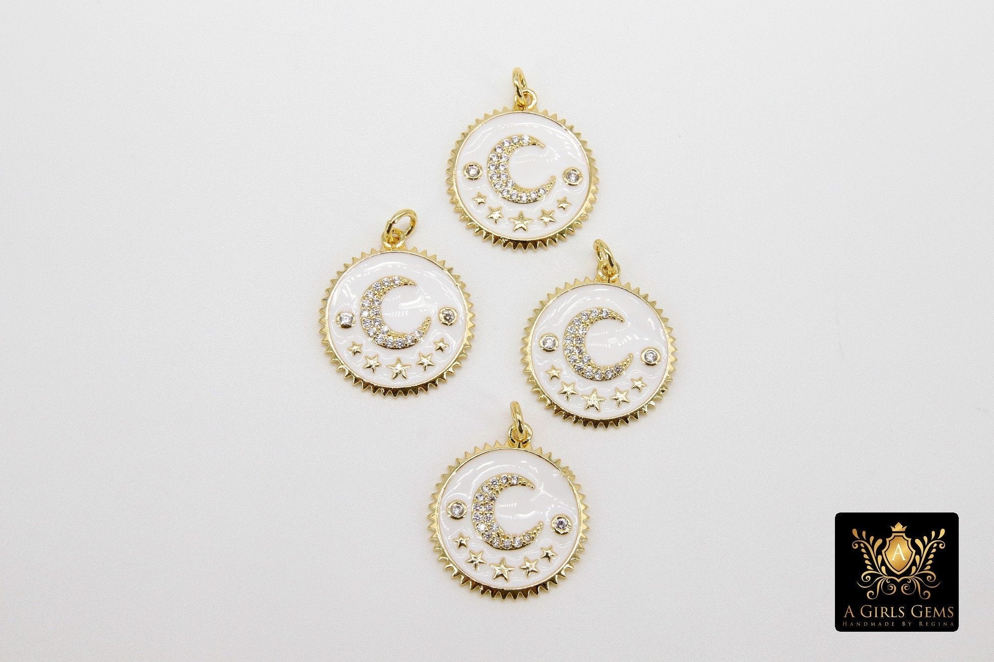Moon and Stars Charms, White and Gold #501/502, CZ Pave Round Disc