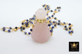 Essence Oil Bottle Rosary Chain Necklace, Gold Perfume Rose Quartz on Natural Sapphire Pyrite Healing Necklace - A Girls Gems