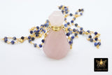 Essence Oil Bottle Rosary Chain Necklace, Gold Perfume Rose Quartz on Natural Sapphire Pyrite Healing Necklace - A Girls Gems