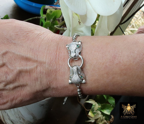 Tiger Head Bracelet, Silver Animal Bead CZ Cat Head Adjustable Bolo Bracelet, Cubic Zirconia Chain Bracelets - A Girls Gems