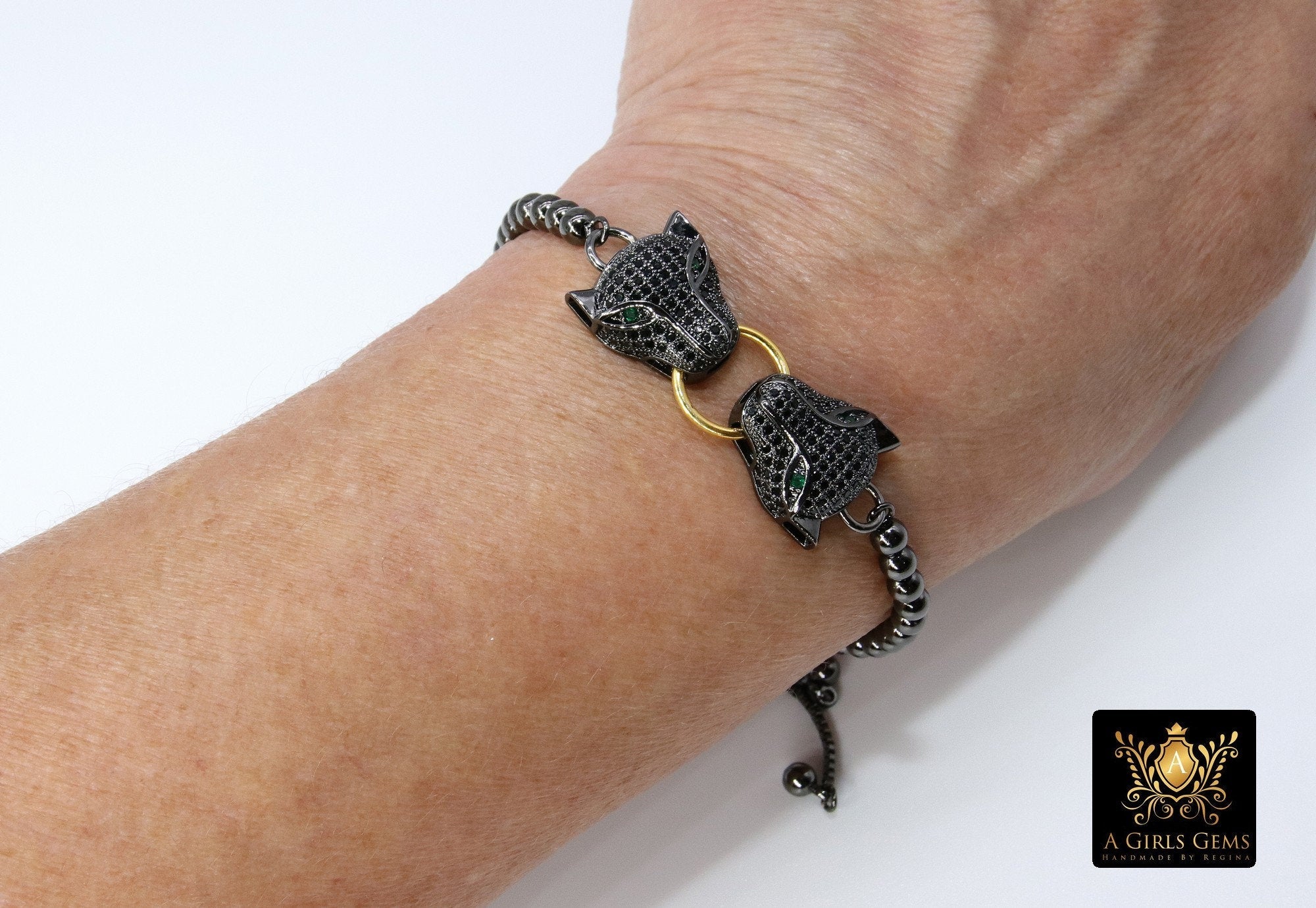Tiger Head Bracelet, Black, Gold Animal Bead CZ Cat Head Adjustable Bolo Bracelet, Cubic Zirconia Chain Bracelets, 3D Panther - A Girls Gems