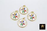 Directional Compass Charms, White and Gold CZ Pave Round Rainbow Multi-Color Disc #481, Enamel Charms