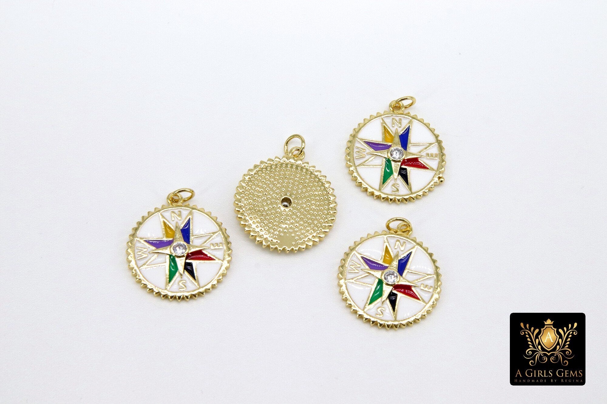 Directional Compass Charms, White and Gold CZ Pave Round Rainbow Multi-Color Disc #481, Enamel Charms