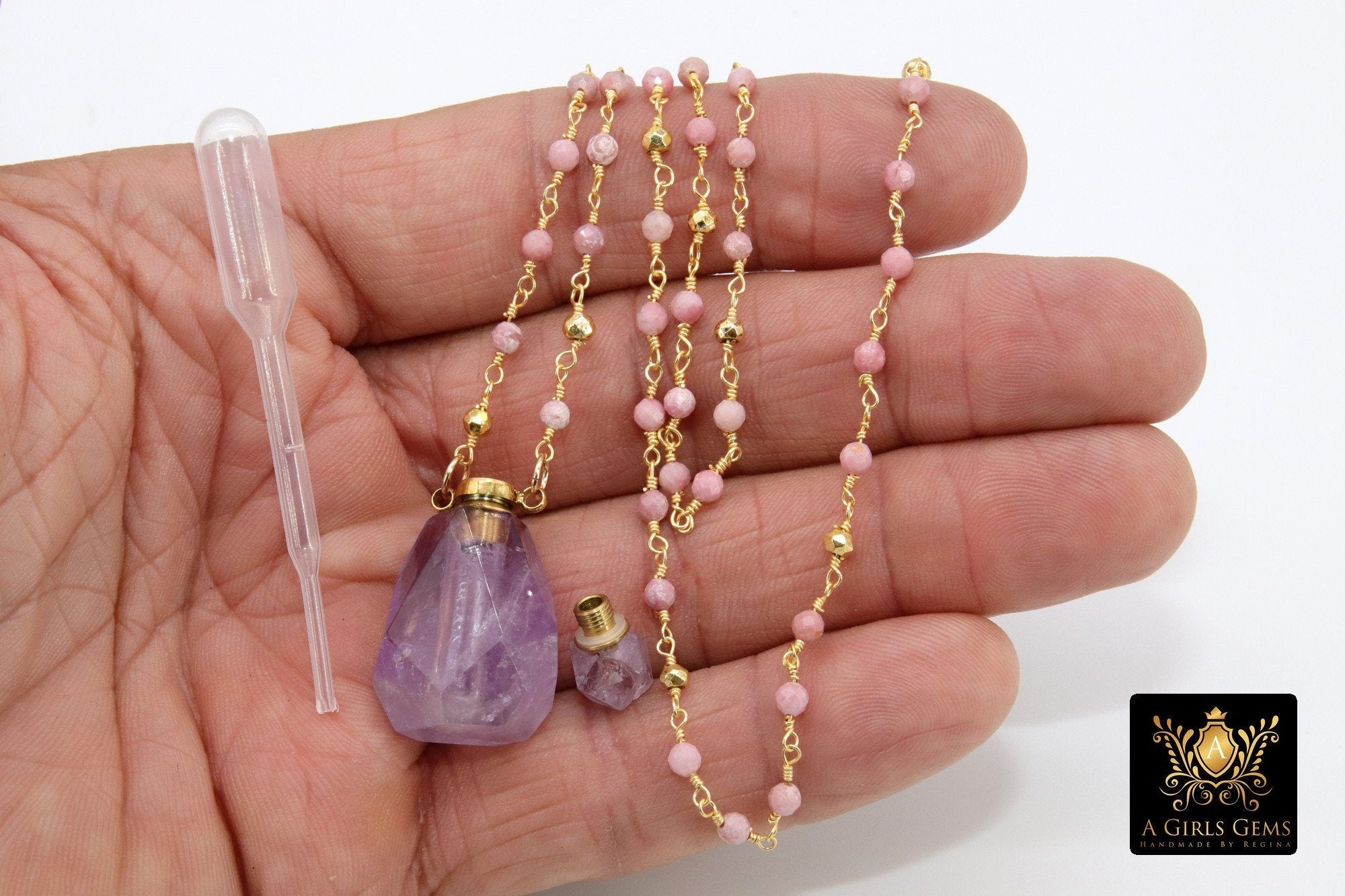 Holy Water Bottle Rosary Chain Necklace, Perfume or Essence Oil Amethyst, Natural Pink Tourmaline Gold Pyrite Necklace - A Girls Gems