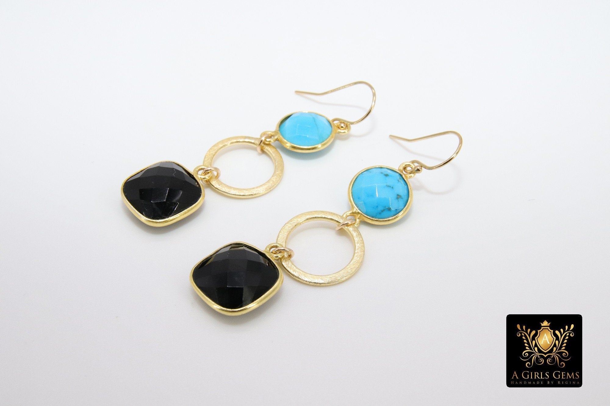 14 K Gold Blue Turquoise Earrings, Black Onyx Gemstones, Dangle Ear Wire Hooks - A Girls Gems