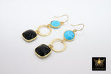 14 K Gold Blue Turquoise Earrings, Black Onyx Gemstones, Dangle Ear Wire Hooks