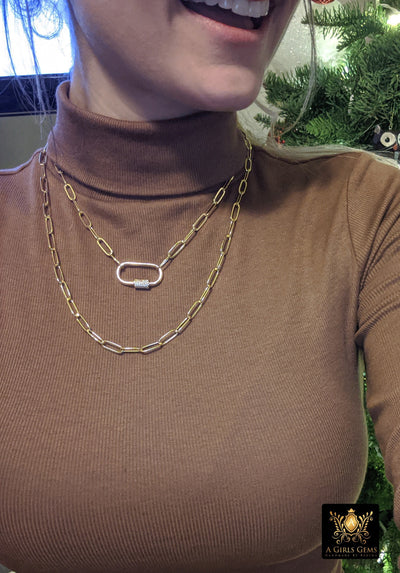 Gold Rectangle Necklace, Oval Screw Clasp Long Necklace, Wrap Necklace, Everyday Choker - A Girls Gems