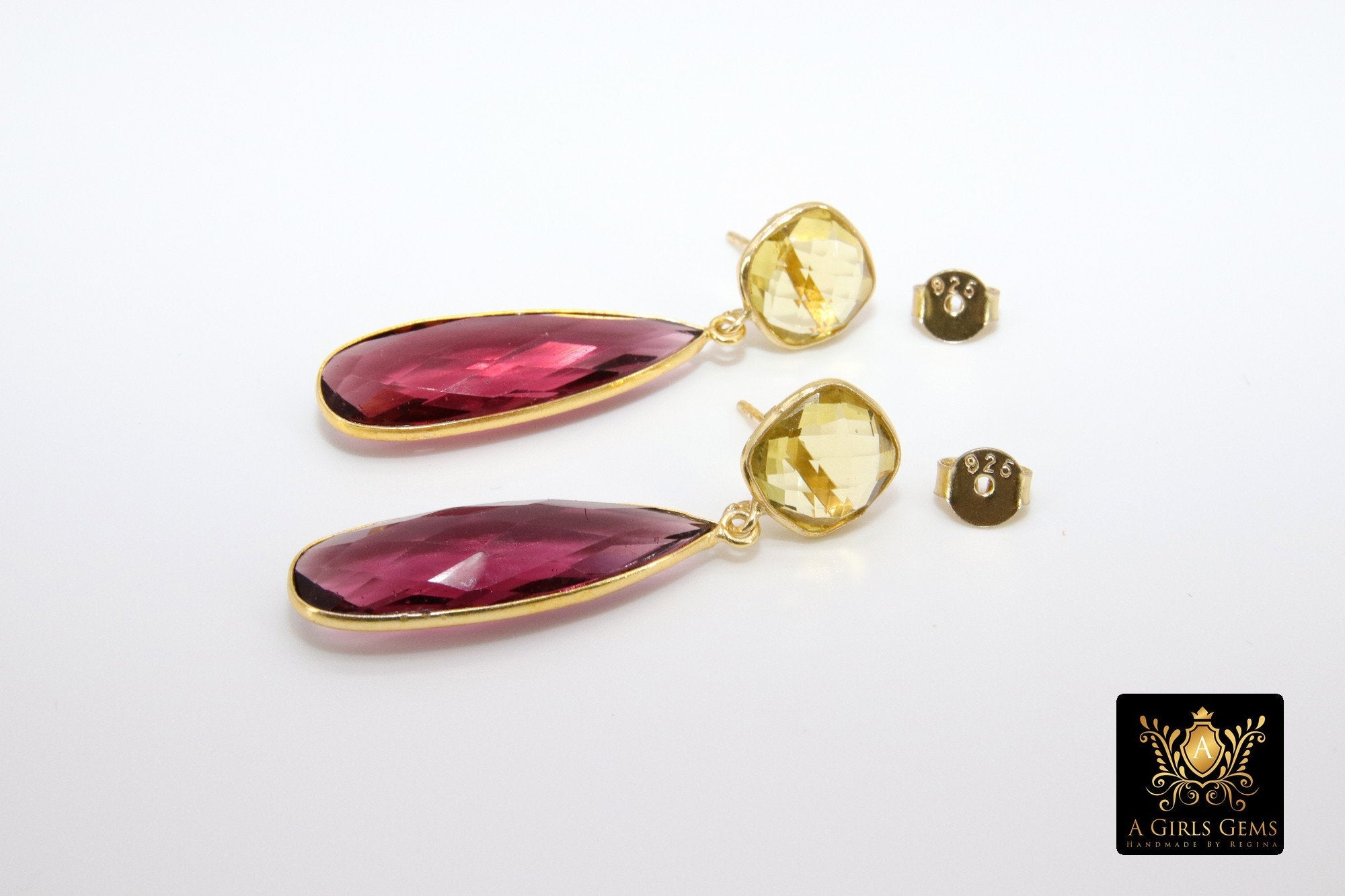 Pink Tourmaline and Lemon Quartz Stud Earrings, Gold, 925 Long Teardrop Gemstone Jewelry - A Girls Gems