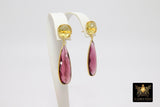 Citrine Stud Earrings, Gold, 925 Long Pink Tourmaline and Lemon Quartz Teardrop Gemstone Women's Jewelry