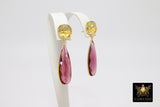 Pink Tourmaline and Lemon Quartz Stud Earrings, Gold, 925 Long Teardrop Gemstone Jewelry