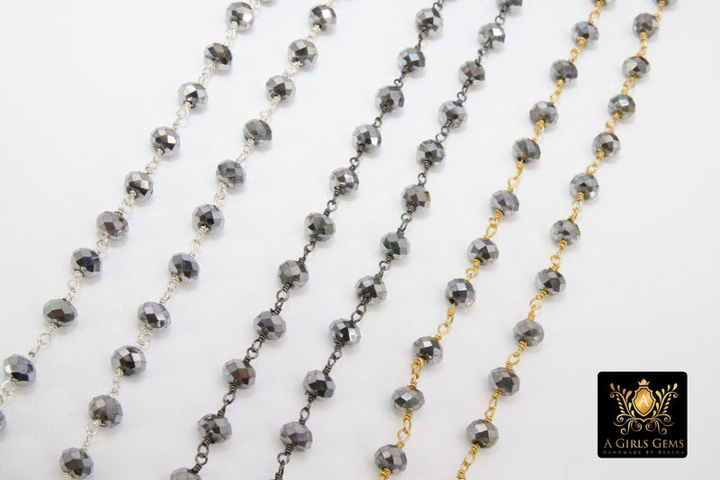 Gunmetal Black Crystal Rosary Chain, 6 mm Wire Wrapped Crystal Beads, Unfinished Jewelry Chains Bulk