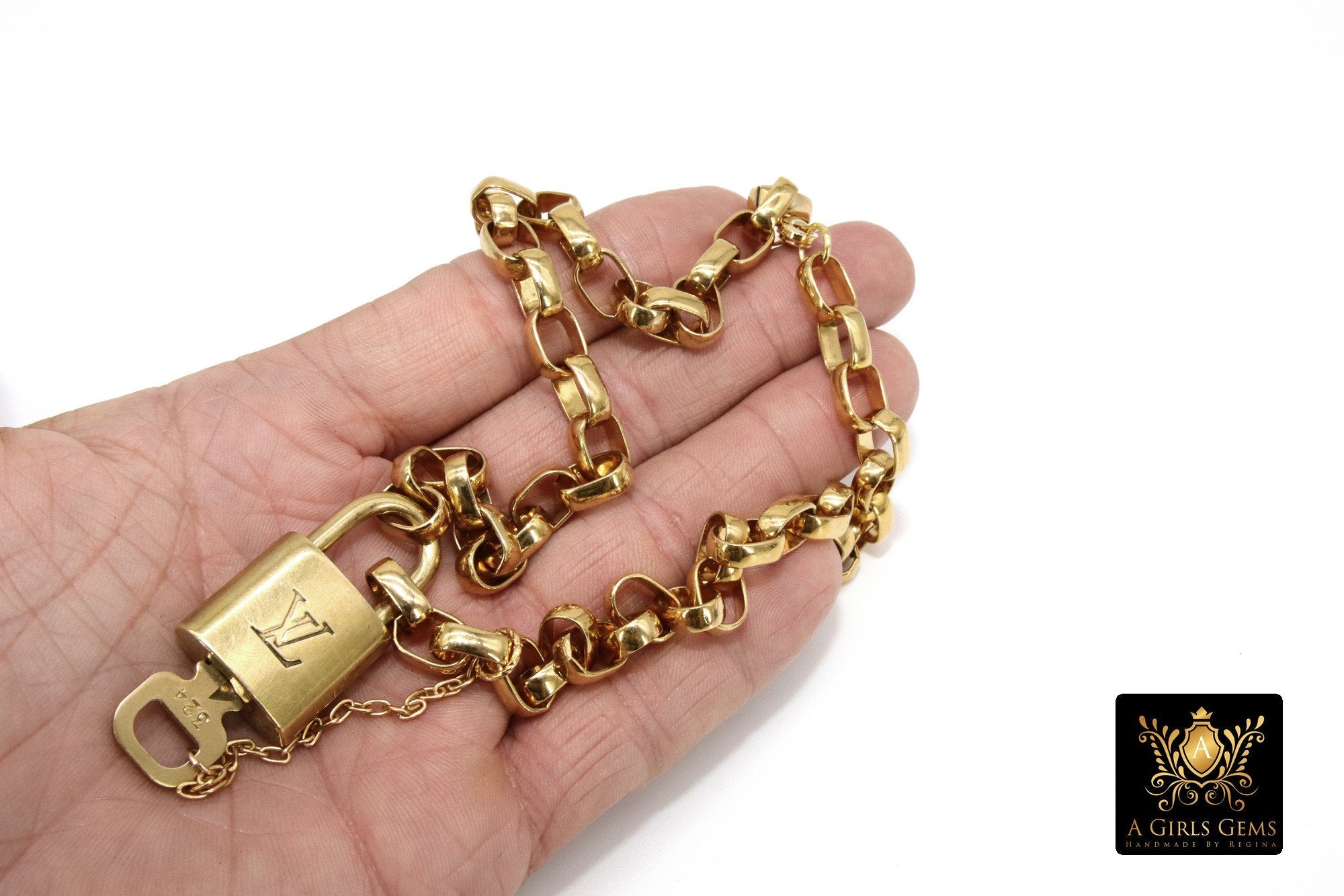 Gold Vintage Rolo Chain Chunky Necklace with Authentic Louis Vuitton P – A  Girls Gems