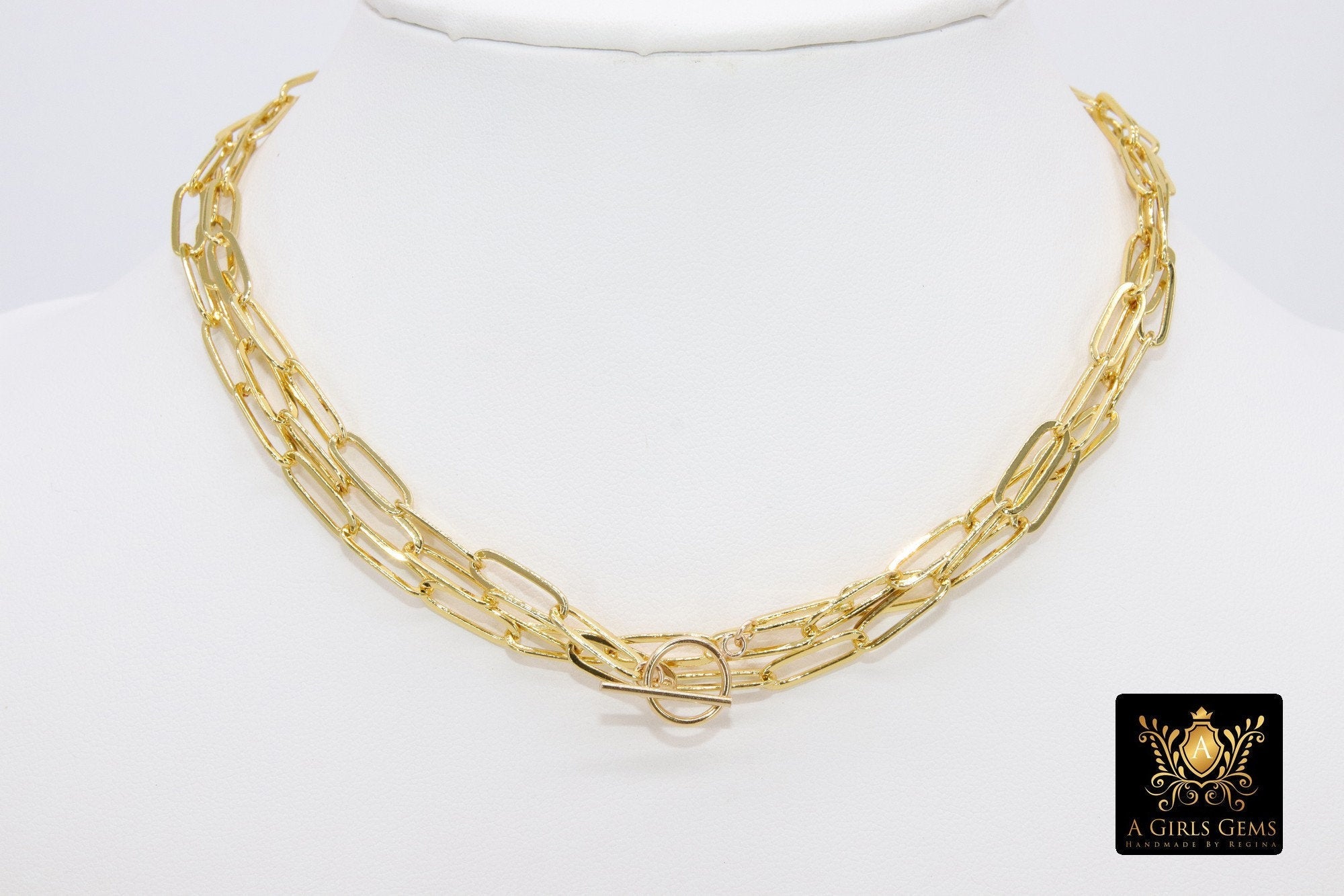 Gold Chain Necklace, Paper Clip Chain 14 K GF Toggle Bar Choker - A Girls Gems