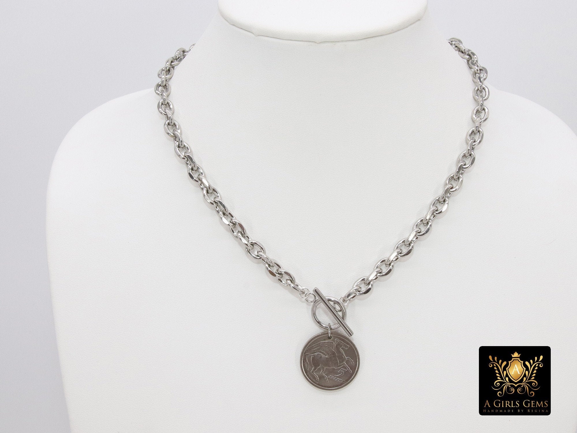 Greek Athena God Silver Coin Necklace, Silver Phoenix Toggle Wrap Necklace, Chunky Cable Chain - A Girls Gems