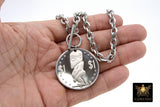 Silver Coin Necklace, Tangaroa God, Toggle Wrap Large Cable Chain, Cook Island Tiki Coin, Queen Elizabeth