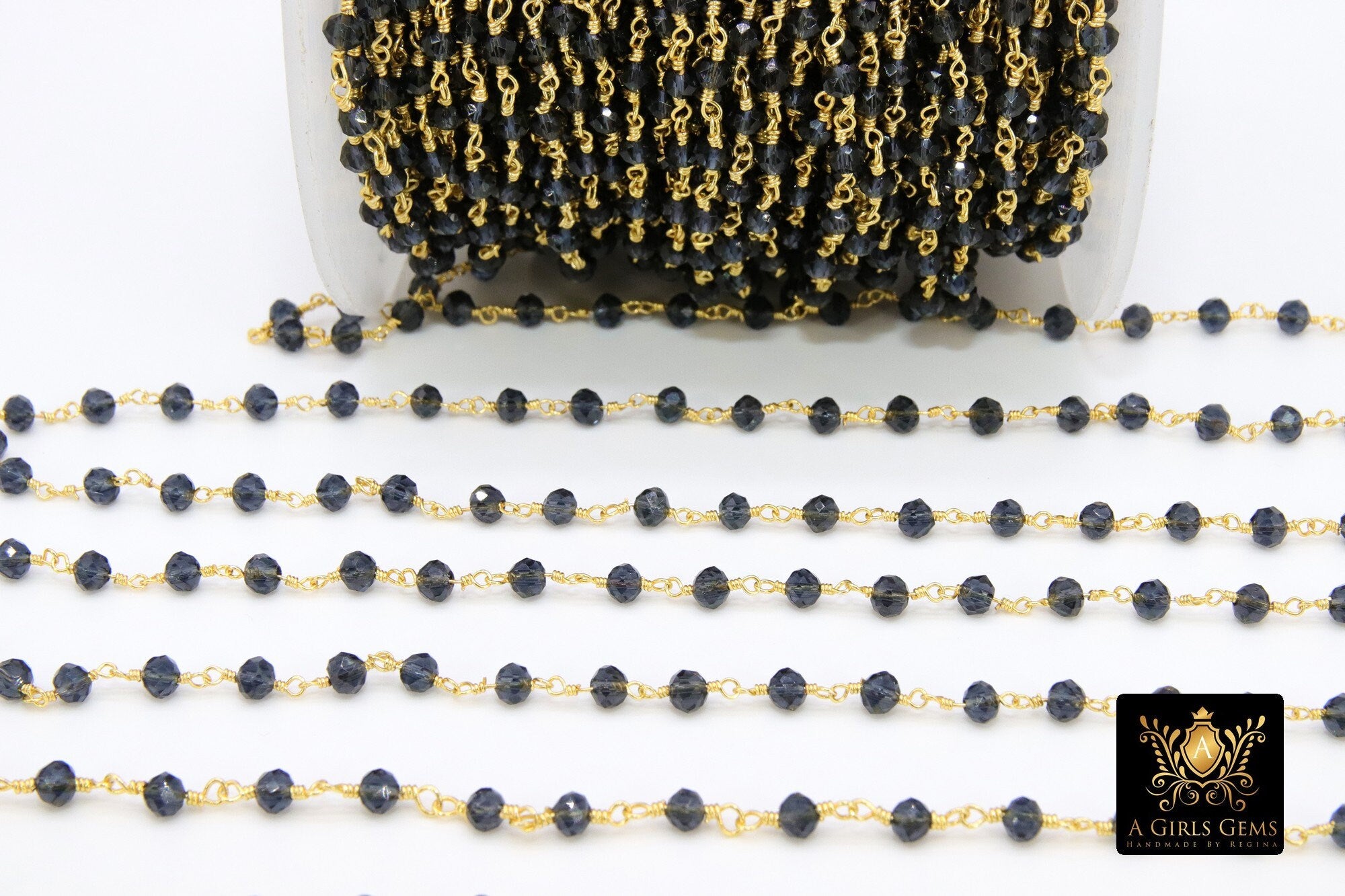 Charcoal Navy Rosary Gold Chain, 4 mm Black Wire Wrapped CH #430, Bead Gunmetal Chains