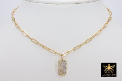 Gold Chain Necklace, 14 K Gold Paperclip Choker, Mini Dog Tag Charm, Oval Link Chain - A Girls Gems