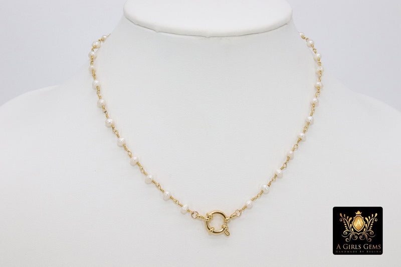 Pearl Necklace, White Freshwater Pearl Choker, Large Gold Spring Ring Clasp Jewelry - A Girls Gems