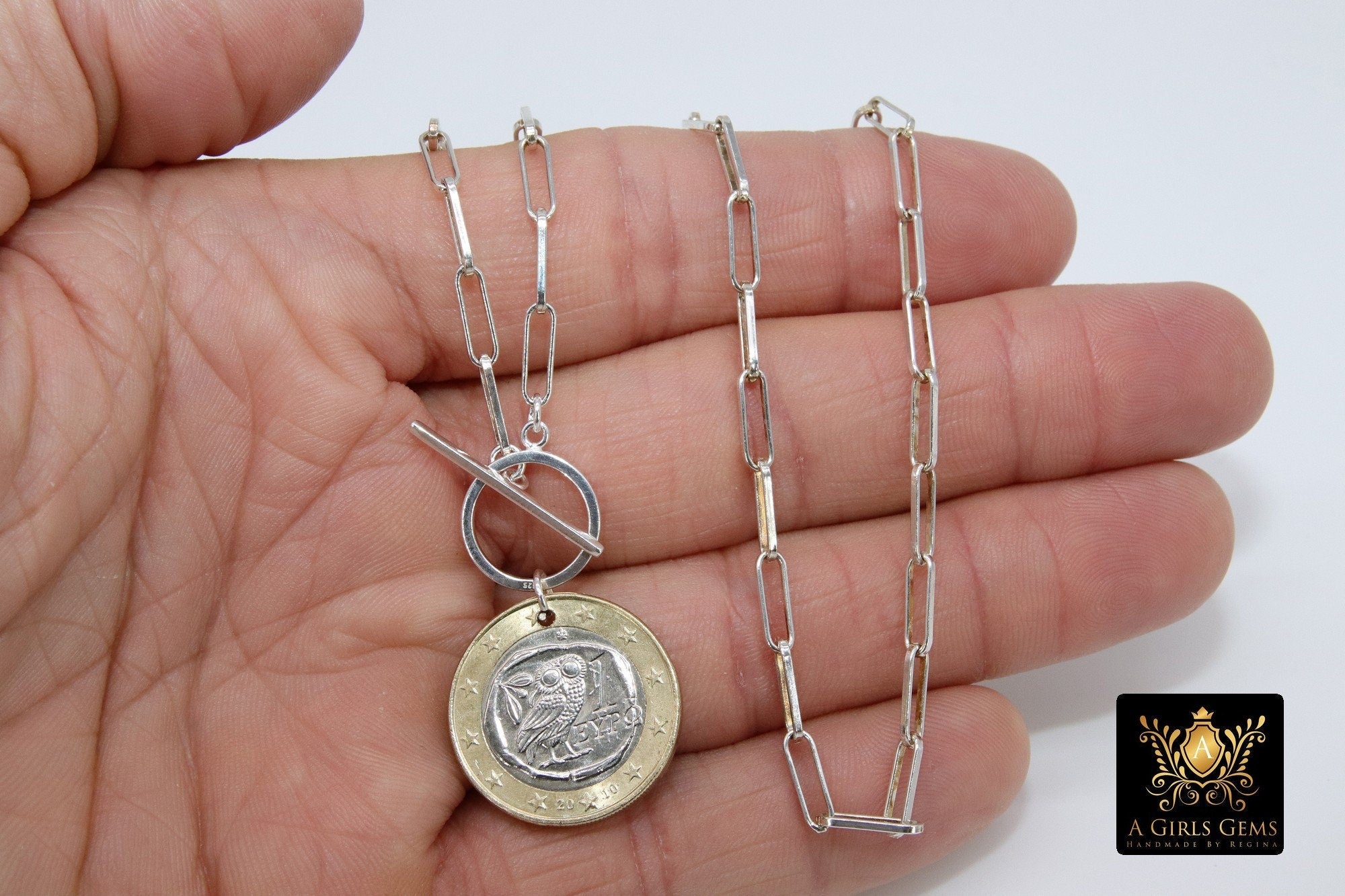 Silver Coin Necklace, 925 Sterling Silver Medallion Toggle Wrap Necklace, Rectangle Chain, Italian Lire Silver, Gold Coin