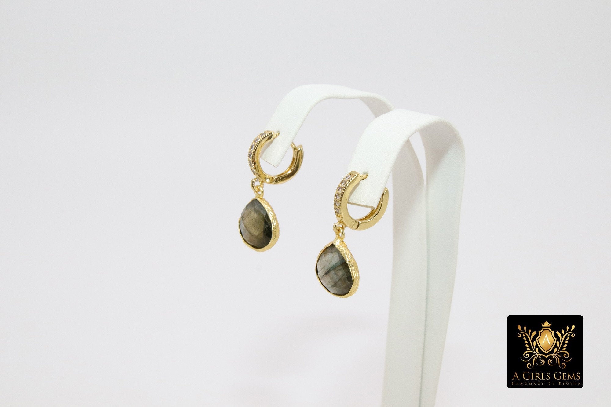 Huggie Hoop Earrings, Labradorite and Gold Hoops, CZ Latch back Gemstone Earring - A Girls Gems