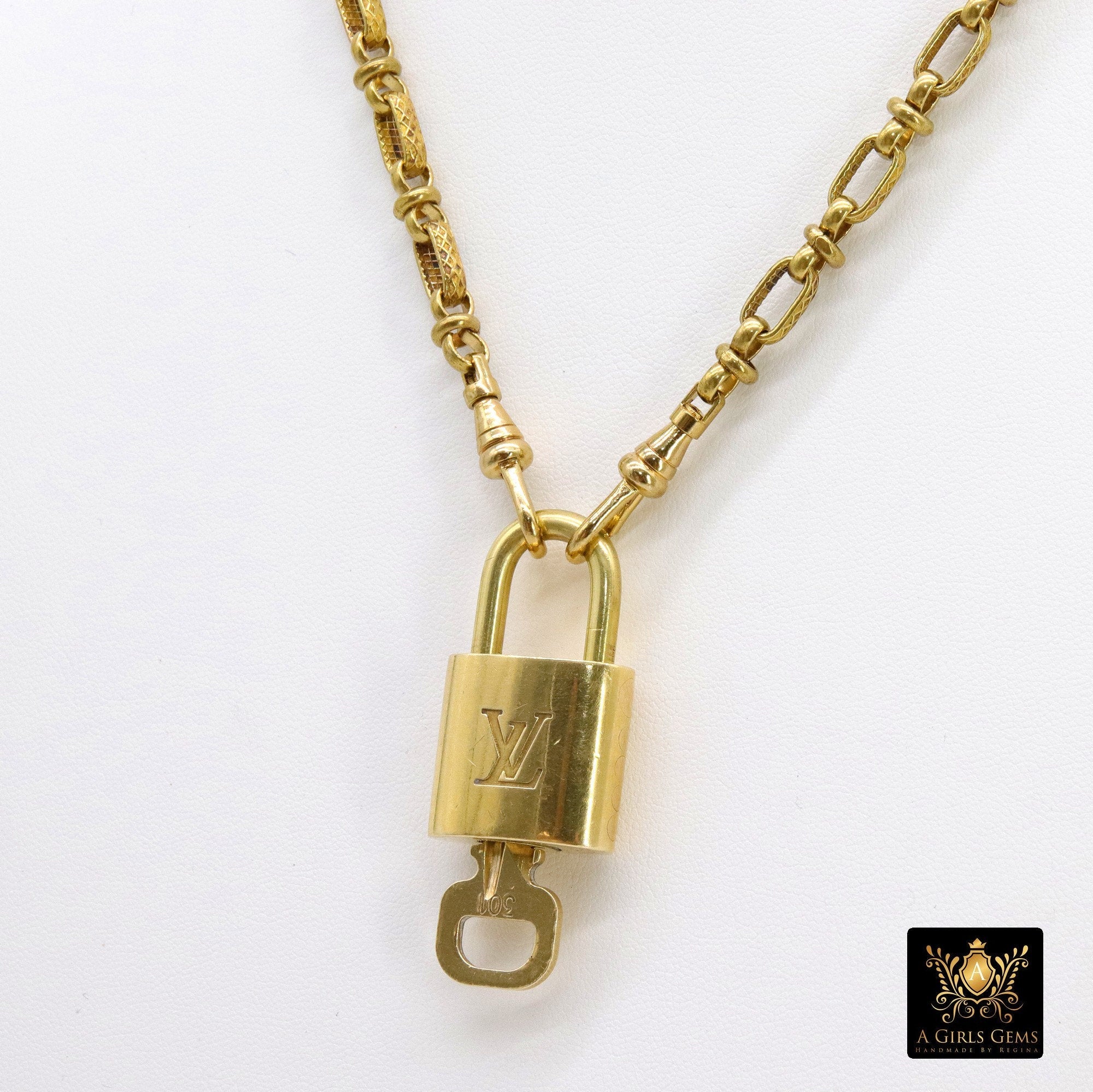 Gold Lock and Key Fob Necklace, Gold LV Lock and Key Vintage Textured Oval Cable Chain Add on Lock/Key