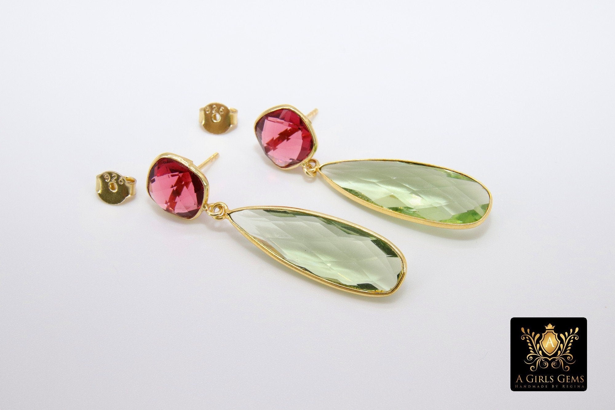 Citrine Stud Earrings, Gold, 925 Long Pink Tourmaline and Lemon Quartz Teardrop Gemstone Women's Jewelry - A Girls Gems