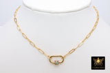 Gold Chain Necklace, 14 K Gold Paperclip Choker, CZ Mini Screw Oval Rainbow Clasp - A Girls Gems