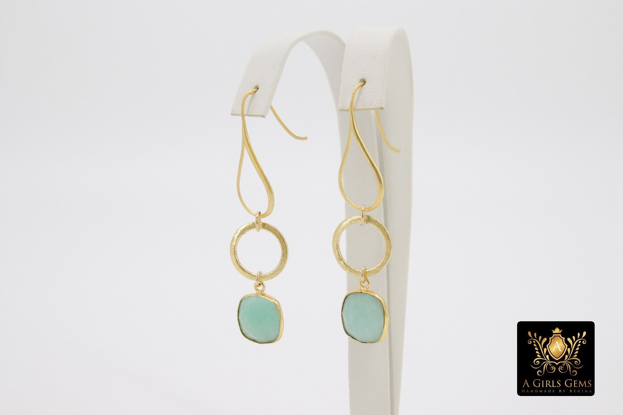 Blue Amazonite Earrings, Long Gemstone Earrings, Gold Dangle Ear Wire Hooks