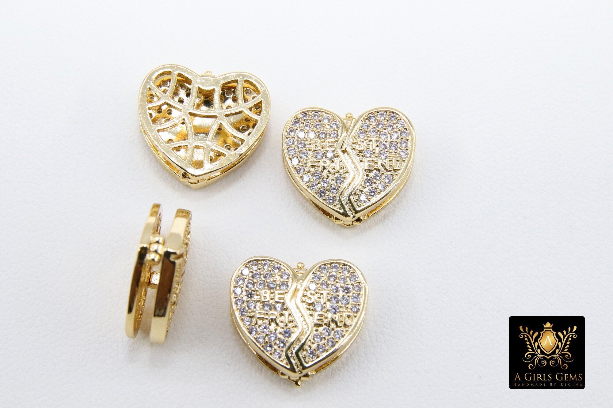 CZ Pave Heart Slider Charms,AG #760, Gold Best Friends 3D Charms
